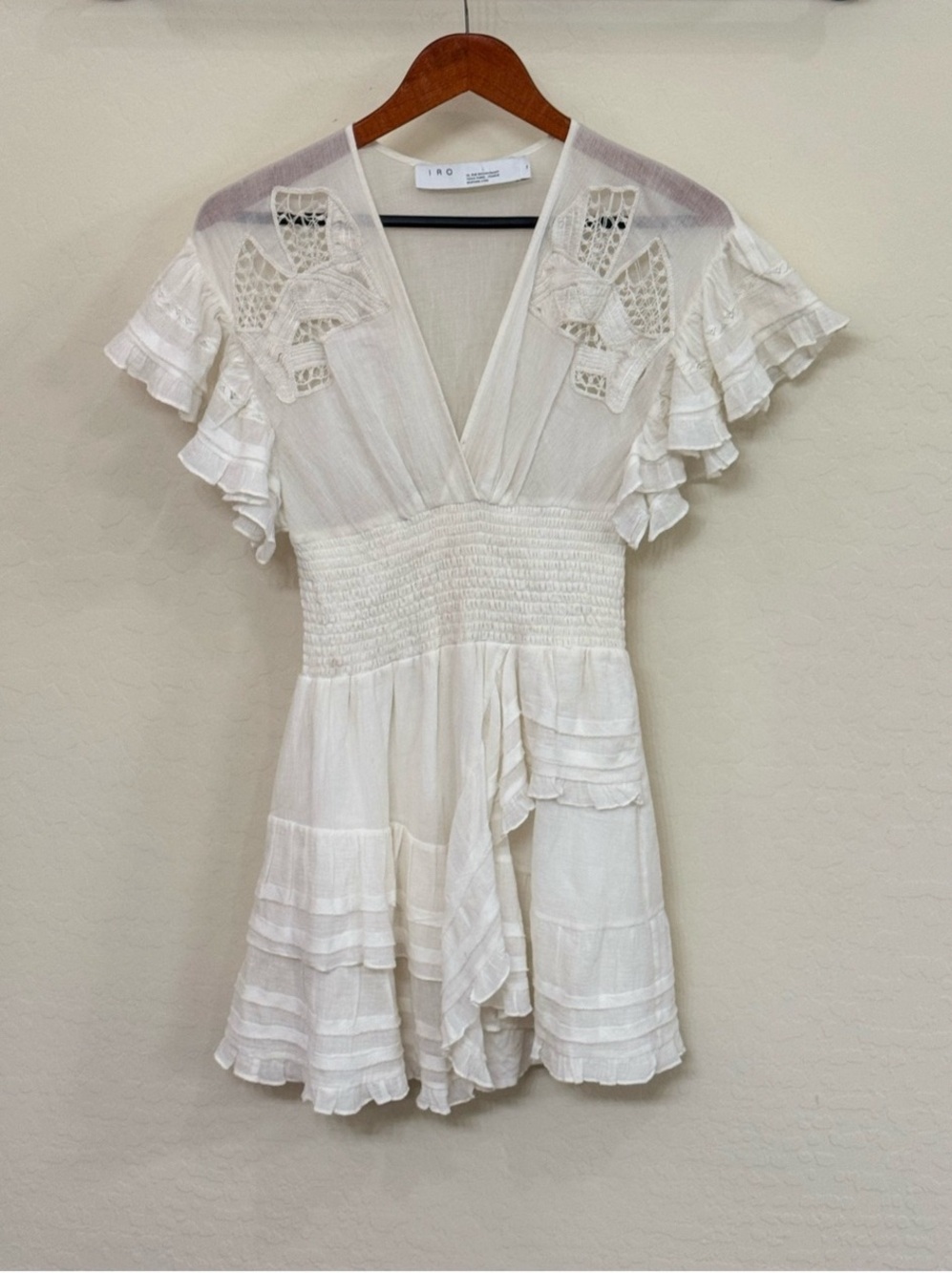 IRO Mapple White Smocked Waist Ruffle Lace Mini Dress FR 34 US XS